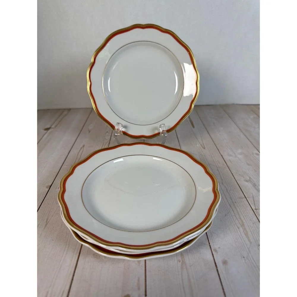 Meissen Orange Band Bread Butter Plates Set of 4 Gold Trim Crossed Swords 6 3/8